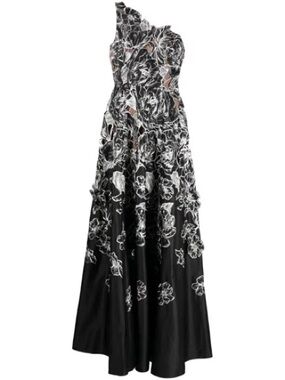 Marchesa Black Dress with White Floral Embroidery One-Shoulder